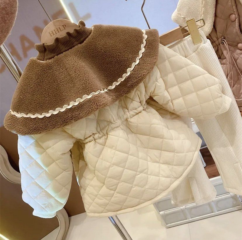 Meiteņu kokvilnas jaka 2023. gada jauna bērnu modes korejiešu vējjaka, bērnu ziemas apģērbi, plīša un bieza kokvilnas jaka