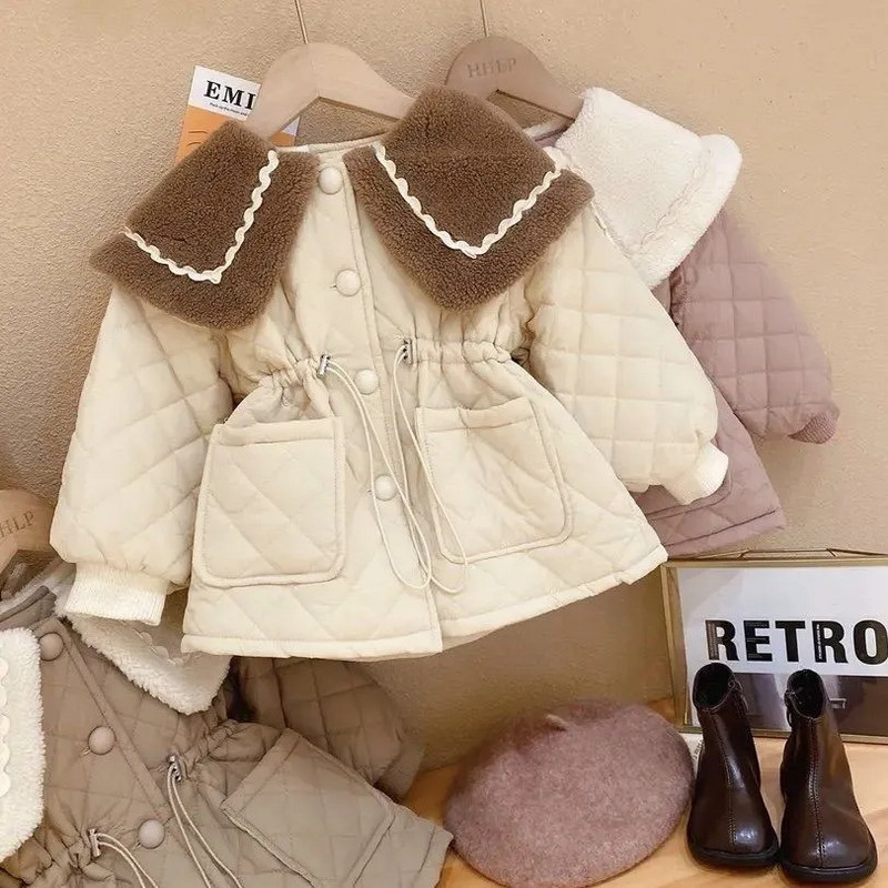 Meiteņu kokvilnas jaka 2023. gada jauna bērnu modes korejiešu vējjaka, bērnu ziemas apģērbi, plīša un bieza kokvilnas jaka