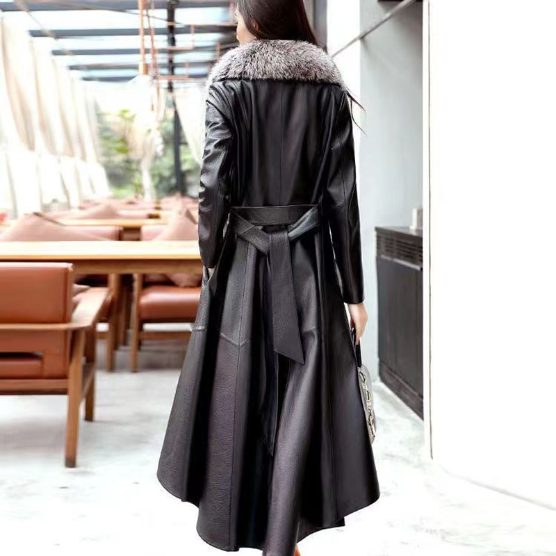 Jachetă de piele PU pentru femei, 2023, pentru toamnă iarnă, subțire, guler mare de blană, haină lungă de piele pentru femei.