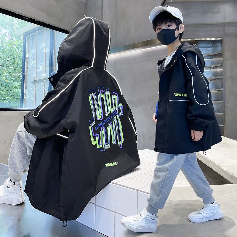 Paltoane pentru băieți, primăvară, toamnă, cool 2023, parka pentru copii la modă, jachete cu fermoar, imprimare în spate, mâneci întregi, îmbrăcăminte de vânt.