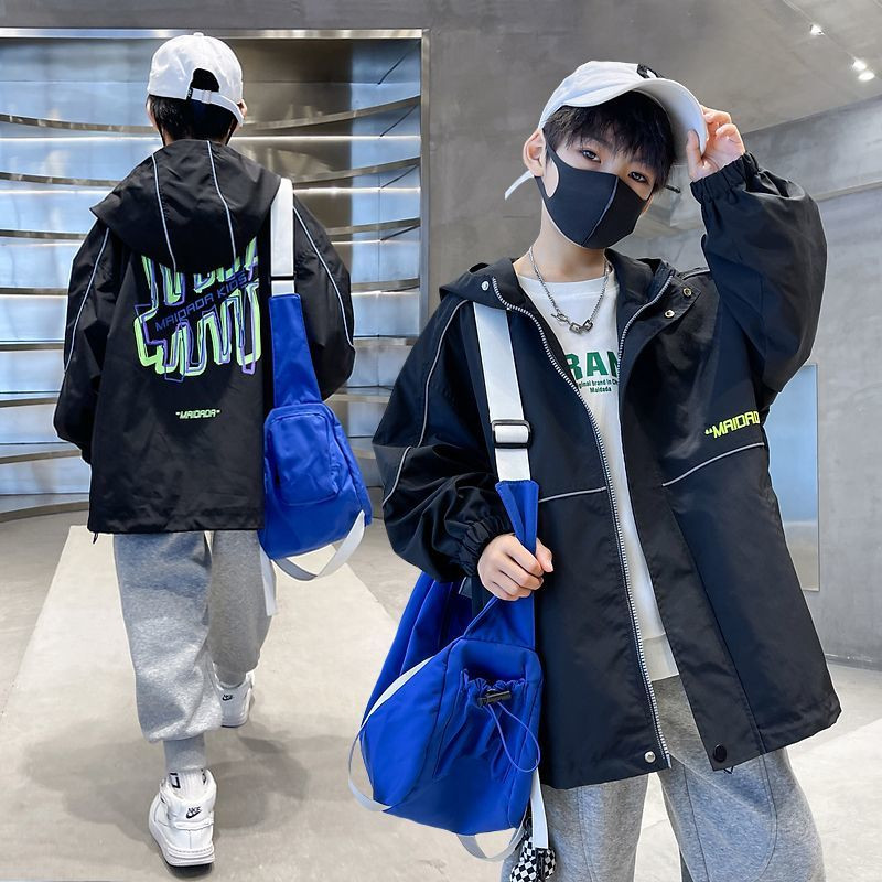 Paltoane pentru băieți, primăvară, toamnă, cool 2023, parka pentru copii la modă, jachete cu fermoar, imprimare în spate, mâneci întregi, îmbrăcăminte de vânt.