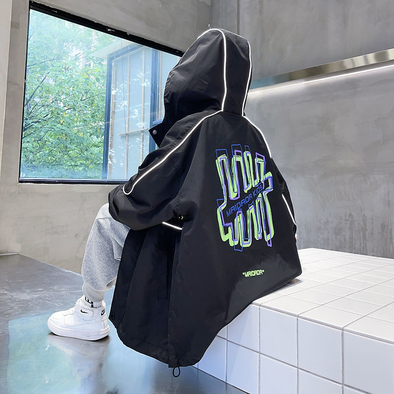 Paltoane pentru băieți, primăvară, toamnă, cool 2023, parka pentru copii la modă, jachete cu fermoar, imprimare în spate, mâneci întregi, îmbrăcăminte de vânt.