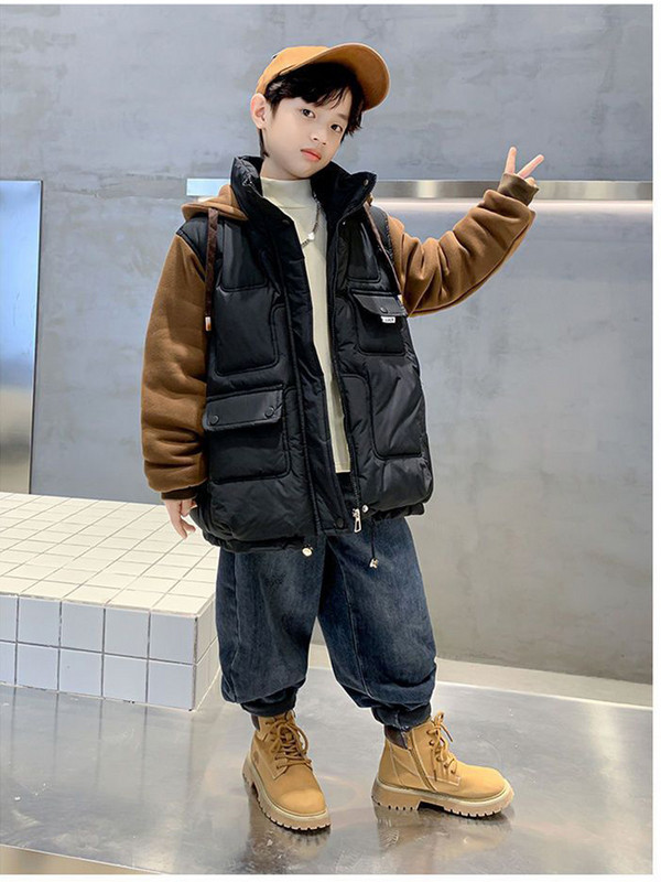 Gyermek kapucnis dzsekik Hamis 2db Felsőruházat Fiúk Téli Kabát Tizenéves Vastag Meleg Pamut Párnázott Parkas Plüss Hóruha XMP514