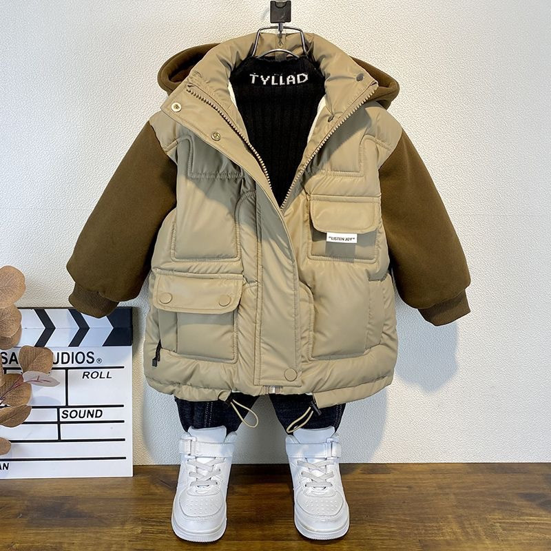 Gyermek kapucnis dzsekik Hamis 2db Felsőruházat Fiúk Téli Kabát Tizenéves Vastag Meleg Pamut Párnázott Parkas Plüss Hóruha XMP514