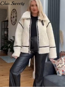 Palton de pluș de miel, versatil, cu panouri, pentru femei, cu mâneci lungi, fermoare, cu guler răsturnat, jachetă pentru femei, toamnă iarnă, paltoane pentru doamnă