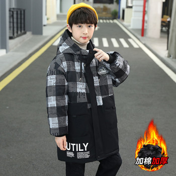 Зимно топло удебелено плюшено памучно яке за деца Момчета Палто с цип с качулка Черни карирани дрехи Парка Детски снежен костюм XMP496