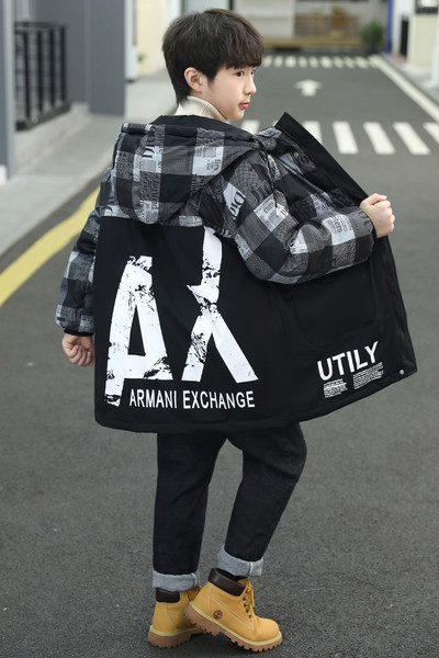 Jachetă din bumbac îngroșată, caldă de iarnă, pentru copii, băieți, cu glugă, cu fermoar, haine în carouri negre, parka, costum de zăpadă pentru copii XMP496