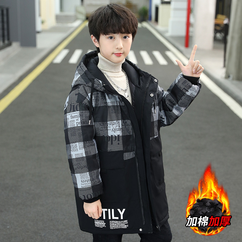 Jachetă din bumbac îngroșată, caldă de iarnă, pentru copii, băieți, cu glugă, cu fermoar, haine în carouri negre, parka, costum de zăpadă pentru copii XMP496