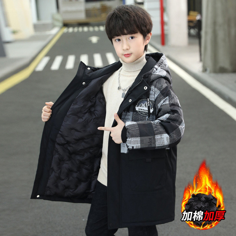 Jachetă din bumbac îngroșată, caldă de iarnă, pentru copii, băieți, cu glugă, cu fermoar, haine în carouri negre, parka, costum de zăpadă pentru copii XMP496