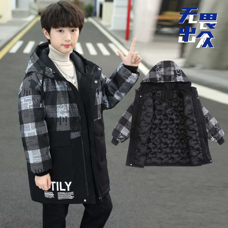Jachetă din bumbac îngroșată, caldă de iarnă, pentru copii, băieți, cu glugă, cu fermoar, haine în carouri negre, parka, costum de zăpadă pentru copii XMP496