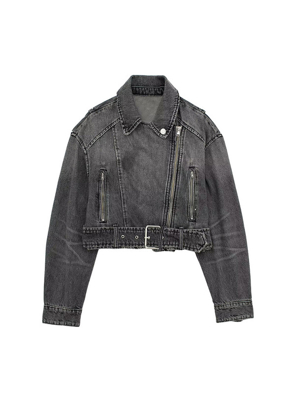 Jachete din denim șic Pentru femei Buzunar cu mânecă lungă cu rever cu cataramă metalică Închidere cu fermoar asimetric în față Jachetă cu fermoar motociclist pentru femei