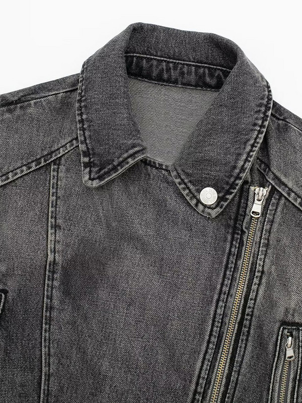 Jachete din denim șic Pentru femei Buzunar cu mânecă lungă cu rever cu cataramă metalică Închidere cu fermoar asimetric în față Jachetă cu fermoar motociclist pentru femei