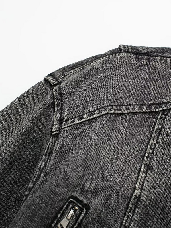 Jachete din denim șic Pentru femei Buzunar cu mânecă lungă cu rever cu cataramă metalică Închidere cu fermoar asimetric în față Jachetă cu fermoar motociclist pentru femei