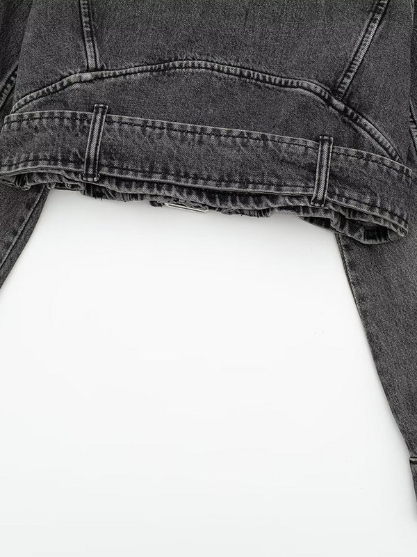 Jachete din denim șic Pentru femei Buzunar cu mânecă lungă cu rever cu cataramă metalică Închidere cu fermoar asimetric în față Jachetă cu fermoar motociclist pentru femei