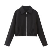 Eiropas un amerikāņu stila rudens jauns vienkrāsains atloks īss krekls stila jaka sporta jaka sieviešu kokvilna