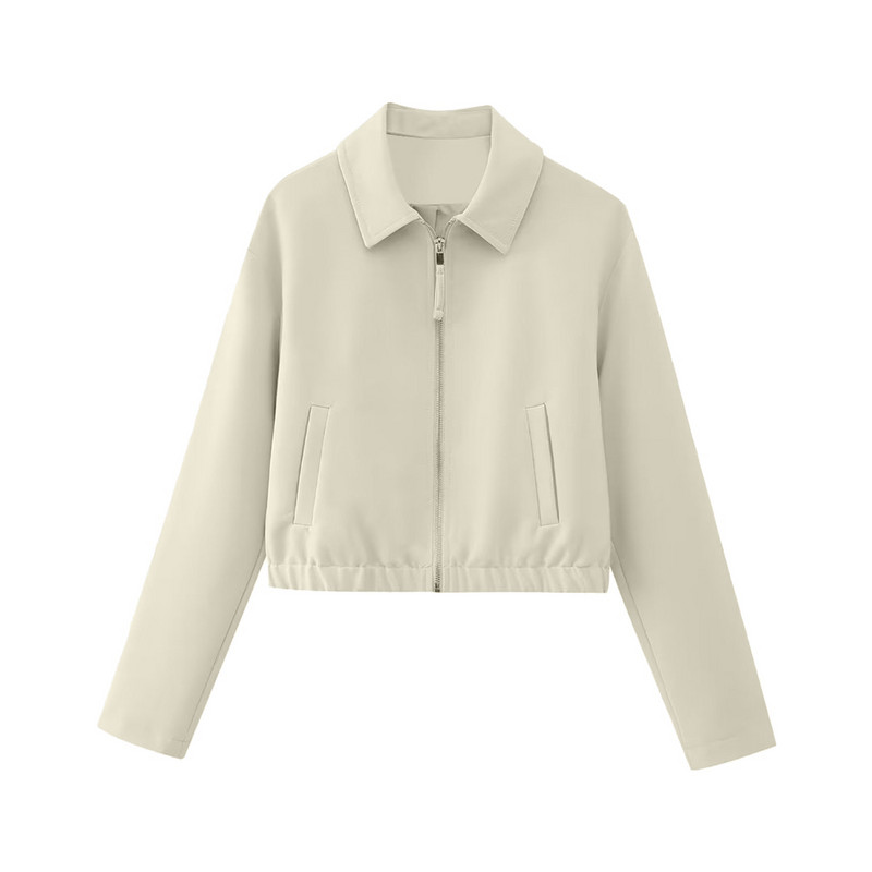 Eiropas un amerikāņu stila rudens jauns vienkrāsains atloks īss krekls stila jaka sporta jaka sieviešu kokvilna