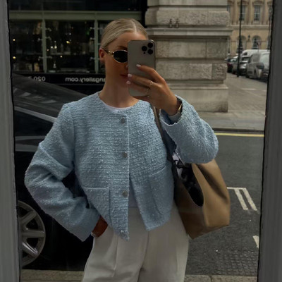 Jachetă elegantă din tweed de cămilă pentru femei, toamnă 2023, cu mânecă lungă, cu nasturi, jachetă decupată, decupată, la modă pentru femei, paltoane scurte cu buzunar în gât