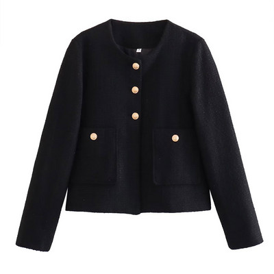 Jachetă elegantă din tweed de cămilă pentru femei, toamnă 2023, cu mânecă lungă, cu nasturi, jachetă decupată, decupată, la modă pentru femei, paltoane scurte cu buzunar în gât