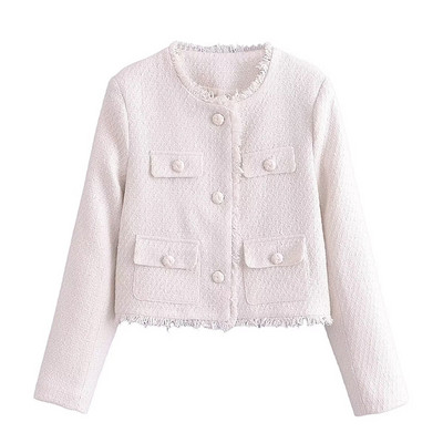 Jachetă elegantă din tweed de cămilă pentru femei, toamnă 2023, cu mânecă lungă, cu nasturi, jachetă decupată, decupată, la modă pentru femei, paltoane scurte cu buzunar în gât