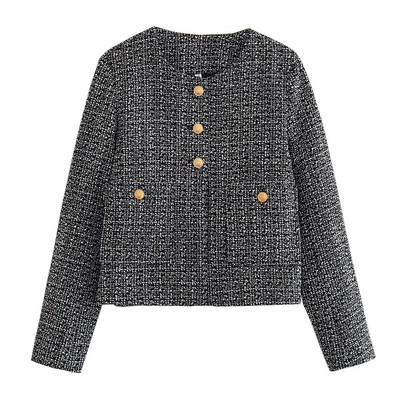 Jachetă elegantă din tweed de cămilă pentru femei, toamnă 2023, cu mânecă lungă, cu nasturi, jachetă decupată, decupată, la modă pentru femei, paltoane scurte cu buzunar în gât