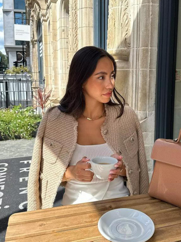 Jachetă elegantă din tweed de cămilă pentru femei, toamnă 2023, cu mânecă lungă, cu nasturi, jachetă decupată, decupată, la modă pentru femei, paltoane scurte cu buzunar în gât