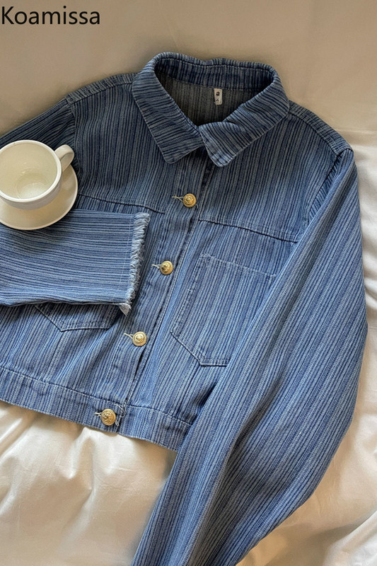 Jachetă de blugi vintage pentru femei Komissa, primăvară, toamnă 2022, în dungi, la modă, pentru damă, șic