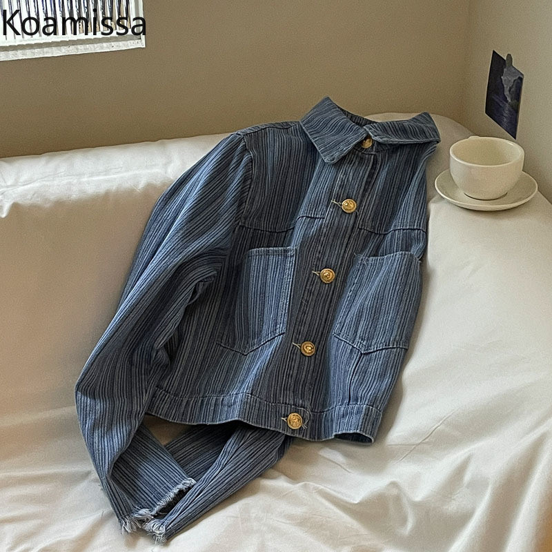 Jachetă de blugi vintage pentru femei Komissa, primăvară, toamnă 2022, în dungi, la modă, pentru damă, șic