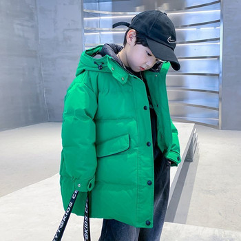 Свободни паркове за момчета Зимно дебело ежедневно яке с качулка Модно зелено памучно топло дълго палто с цип Детско връхно облекло XMP542