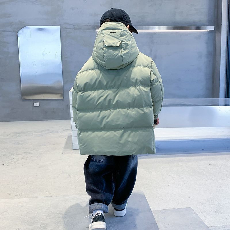 Parka largi pentru băieți, iarnă, groasă, ocazională, jachetă cu glugă, modă, verde, bumbac, haină lungă caldă, fermoar, îmbrăcăminte exterioară pentru copii XMP542