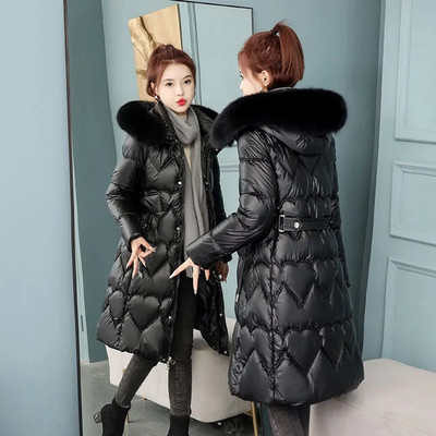 2023. gada jauna ziemas jaka Sieviešu kažokādas apkakle ar kapuci, kokvilnas polsterētas jakas, garas pufīgas jakas Sieviešu biezs, silts sniega mētelis