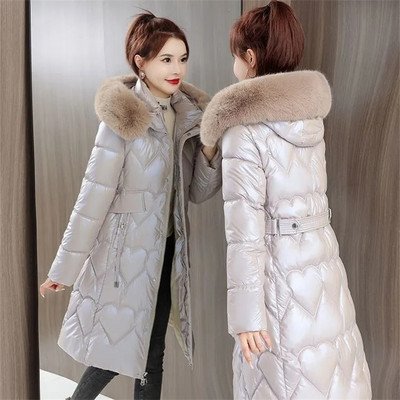 2023. gada jauna ziemas jaka Sieviešu kažokādas apkakle ar kapuci, kokvilnas polsterētas jakas, garas pufīgas jakas Sieviešu biezs, silts sniega mētelis