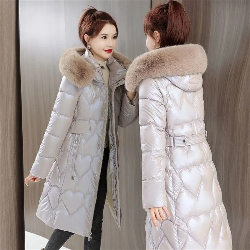 2023. gada jauna ziemas jaka Sieviešu kažokādas apkakle ar kapuci, kokvilnas polsterētas jakas, garas pufīgas jakas Sieviešu biezs, silts sniega mētelis