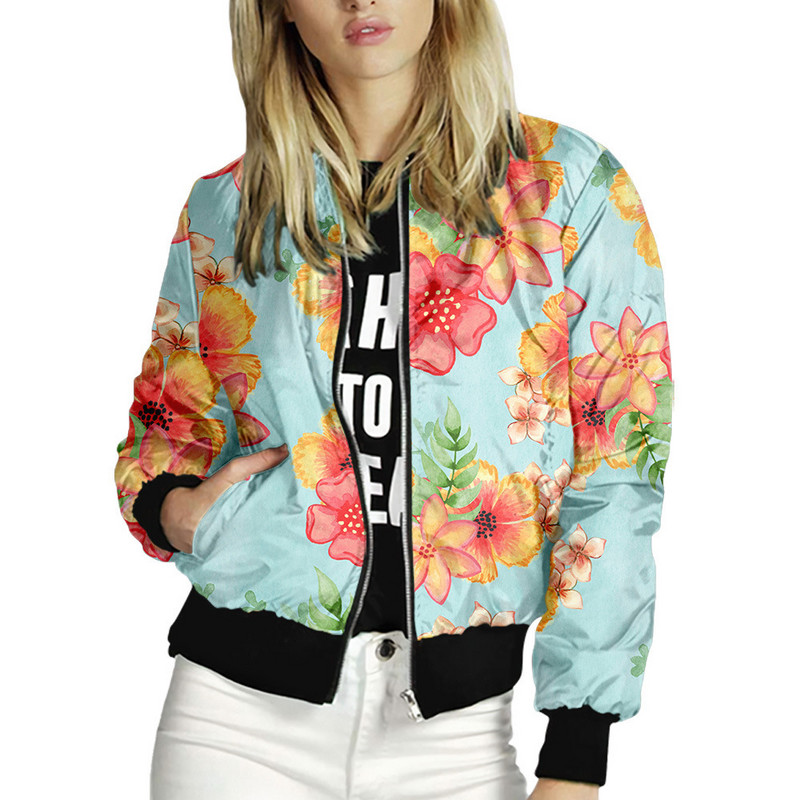 Toamnă, primăvară, jachete cu imprimeuri florale pentru femei, cu fermoar, îmbrăcăminte bomber, mâneci lungi, scurte, subțiri, ocazionale, cu buzunar, haine motociclist