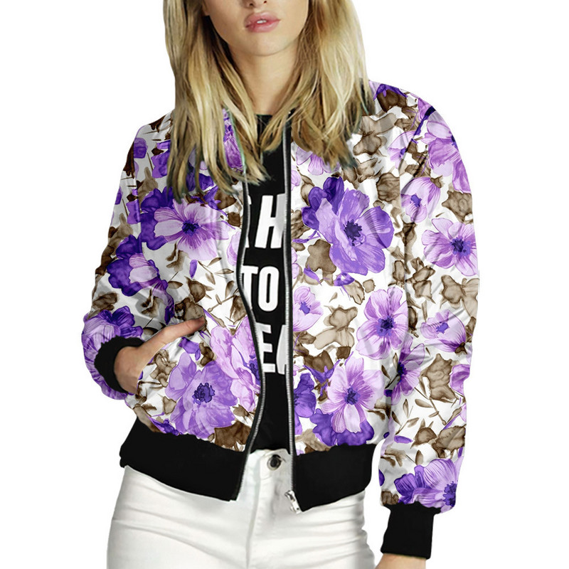 Toamnă, primăvară, jachete cu imprimeuri florale pentru femei, cu fermoar, îmbrăcăminte bomber, mâneci lungi, scurte, subțiri, ocazionale, cu buzunar, haine motociclist