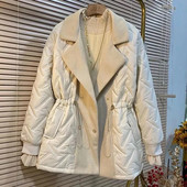 Új téli hosszú parkos női pehely pamutkabát, nagy hajtóka, rugalmas derék, hó felsőruházat, divat, meleg vízálló patchwork kabát