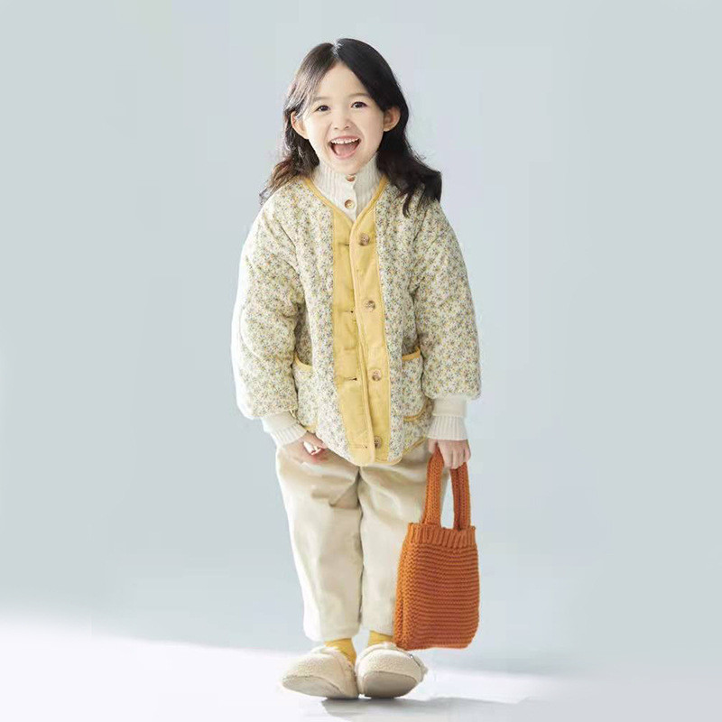 Fete cu catifea han fix jachetă florală din bumbac căptușit cu clemă bumbac catifea cu margini vezicii copii jachetă națională de vânt