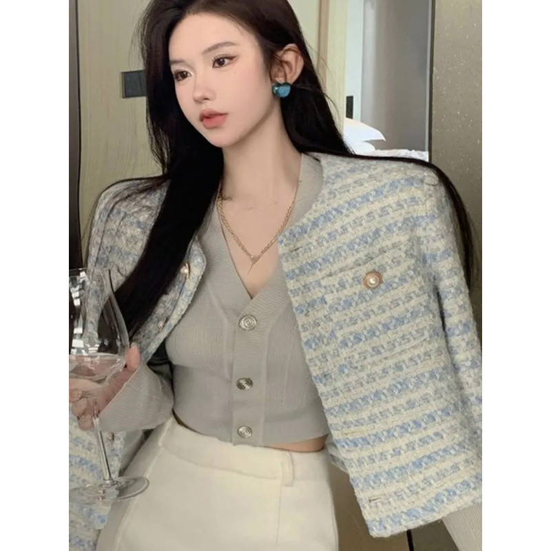 Topuri casual jachete în dungi din tweed pentru femei 2023 ropa Mujer tunică temperament vintage haină coreeană haine pentru femei