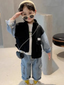 Adolescenți băieți guler ridicat cu fermoar jachetă din denim mozaic pentru copii, primăvară, toamnă, haină rezistentă la vânt 2023, salopete coreene pentru copii noi