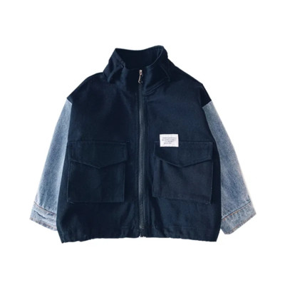 Adolescenți băieți guler ridicat cu fermoar jachetă din denim mozaic pentru copii, primăvară, toamnă, haină rezistentă la vânt 2023, salopete coreene pentru copii noi
