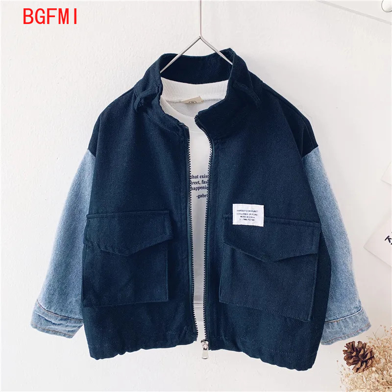 Adolescenți băieți guler ridicat cu fermoar jachetă din denim mozaic pentru copii, primăvară, toamnă, haină rezistentă la vânt 2023, salopete coreene pentru copii noi