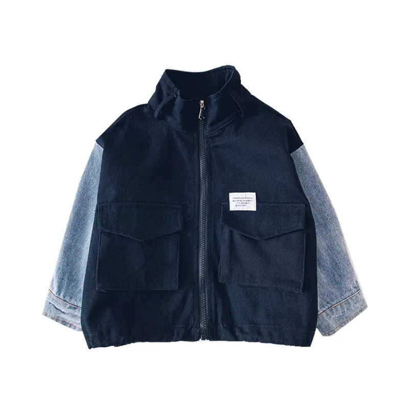 Adolescenți băieți guler ridicat cu fermoar jachetă din denim mozaic pentru copii, primăvară, toamnă, haină rezistentă la vânt 2023, salopete coreene pentru copii noi