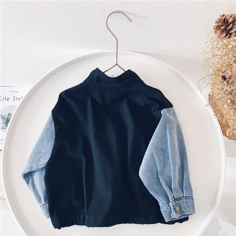 Adolescenți băieți guler ridicat cu fermoar jachetă din denim mozaic pentru copii, primăvară, toamnă, haină rezistentă la vânt 2023, salopete coreene pentru copii noi