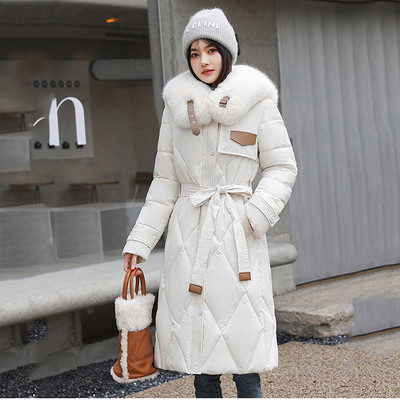 2023, nou, bumbac, căptușit, haină de iarnă pentru femei, guler mare de blană, parka pentru zăpadă, jachetă lungă, caldă, puf pentru femei, cu centură, îmbrăcăminte rezistentă la vânt