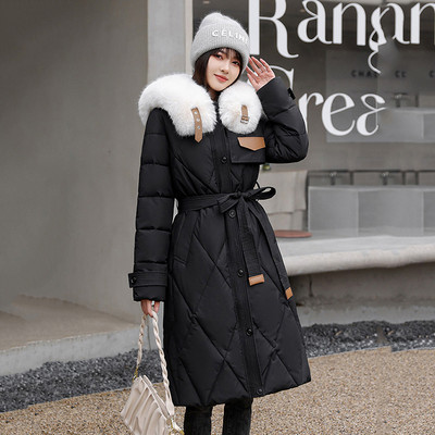 2023, nou, bumbac, căptușit, haină de iarnă pentru femei, guler mare de blană, parka pentru zăpadă, jachetă lungă, caldă, puf pentru femei, cu centură, îmbrăcăminte rezistentă la vânt