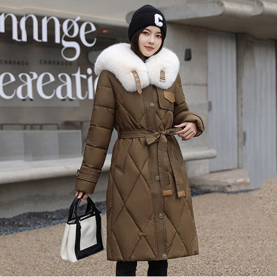 2023, nou, bumbac, căptușit, haină de iarnă pentru femei, guler mare de blană, parka pentru zăpadă, jachetă lungă, caldă, puf pentru femei, cu centură, îmbrăcăminte rezistentă la vânt