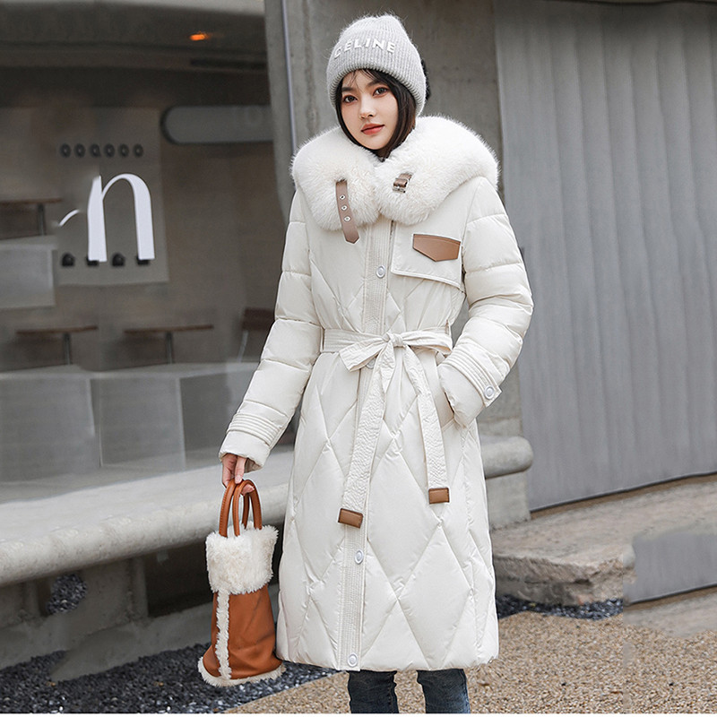 2023, nou, bumbac, căptușit, haină de iarnă pentru femei, guler mare de blană, parka pentru zăpadă, jachetă lungă, caldă, puf pentru femei, cu centură, îmbrăcăminte rezistentă la vânt