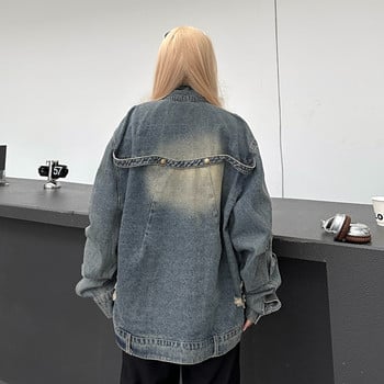 Φθινοπωρινό φερμουάρ επάνω Jean Jacket Φαρδύ τζιν παλτό Γυναικεία υπερμεγέθη outwear outfit Windbreaker BF Casual Cowboy Fashion Techwear punk