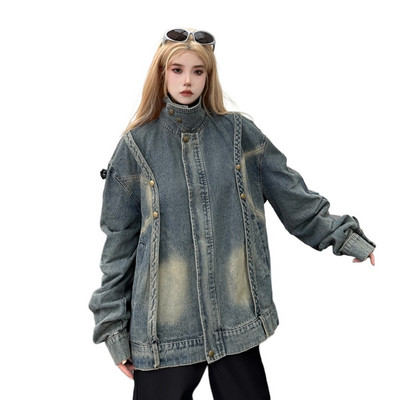 Jachetă de jean cu fermoar de toamnă Palton largi din denim pentru femei, îmbrăcăminte supradimensionată, ținută, jachetă de vânt BF ocazional cowboy, îmbrăcăminte tehnologică punk