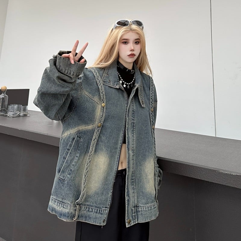 Jachetă de jean cu fermoar de toamnă Palton largi din denim pentru femei, îmbrăcăminte supradimensionată, ținută, jachetă de vânt BF ocazional cowboy, îmbrăcăminte tehnologică punk