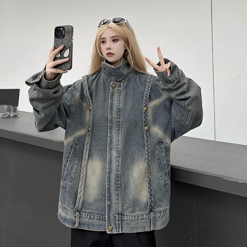 Jachetă de jean cu fermoar de toamnă Palton largi din denim pentru femei, îmbrăcăminte supradimensionată, ținută, jachetă de vânt BF ocazional cowboy, îmbrăcăminte tehnologică punk